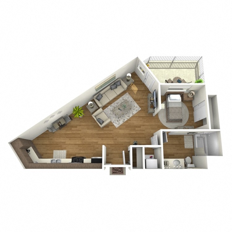 Floor plan for studio, 1 bath, 696 sqft